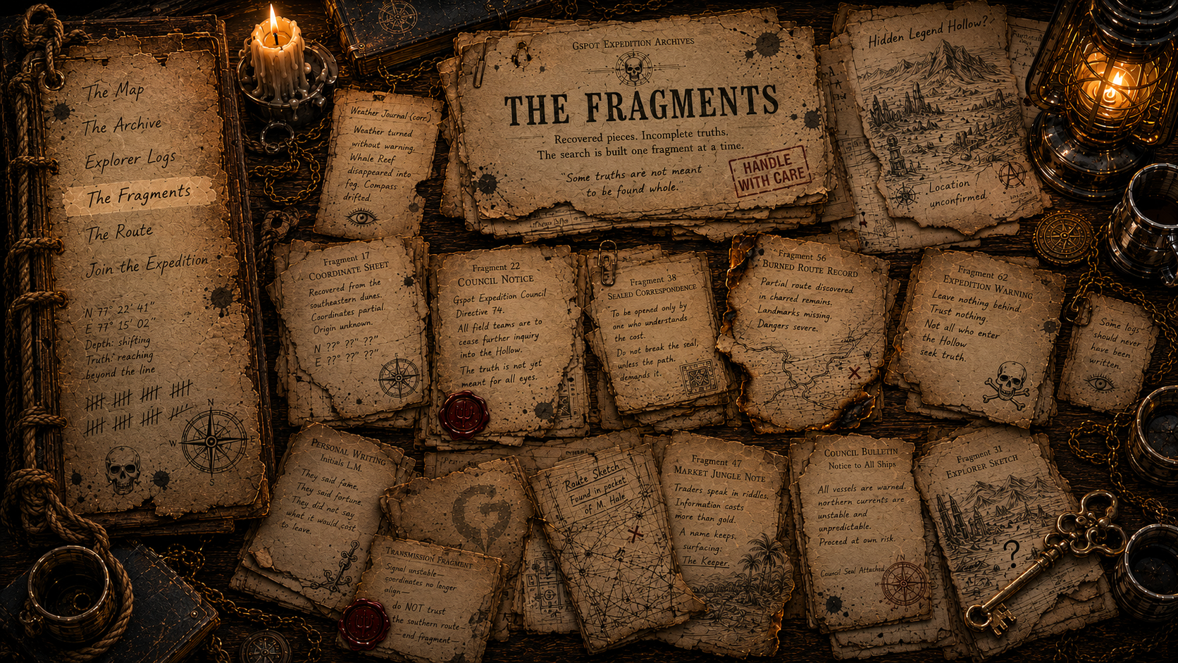 Recovered GSPOT fragments, clues, damaged records, and unexplained expedition artifacts